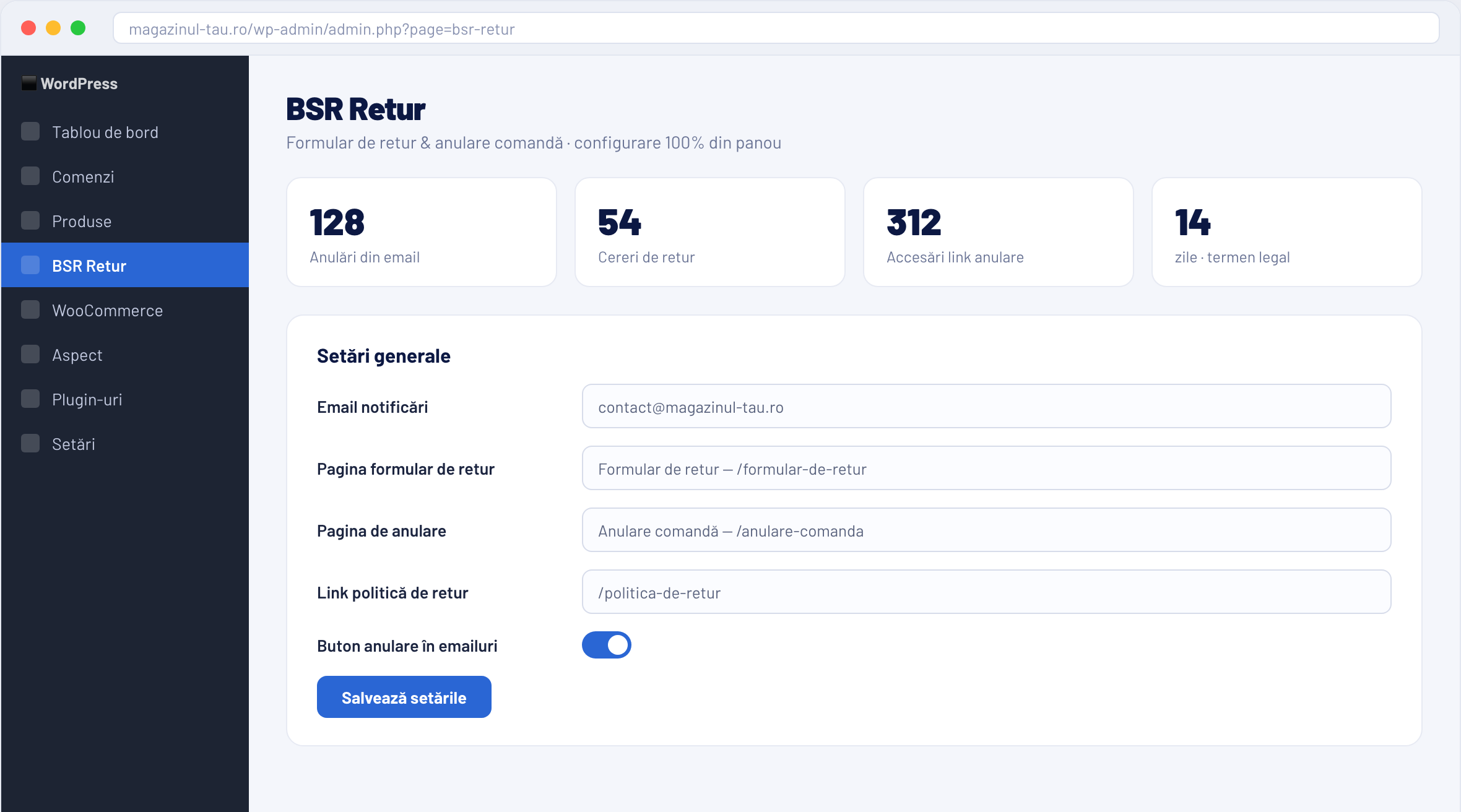 Panou de administrare BSR Formular Retur