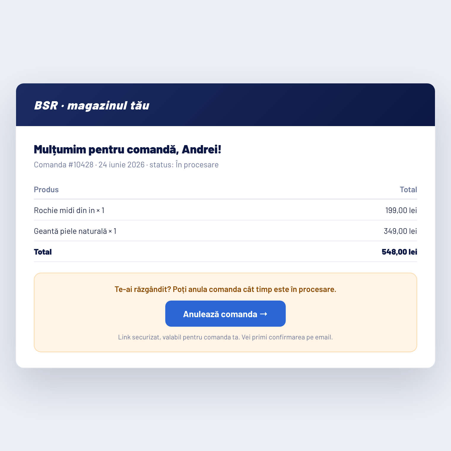 Anulare din emailul comenzii