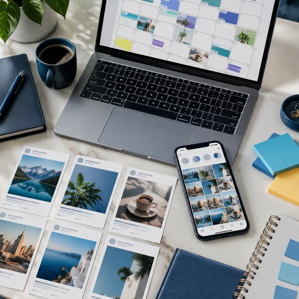 Birou cu calendar editorial și machete de postări pentru social media