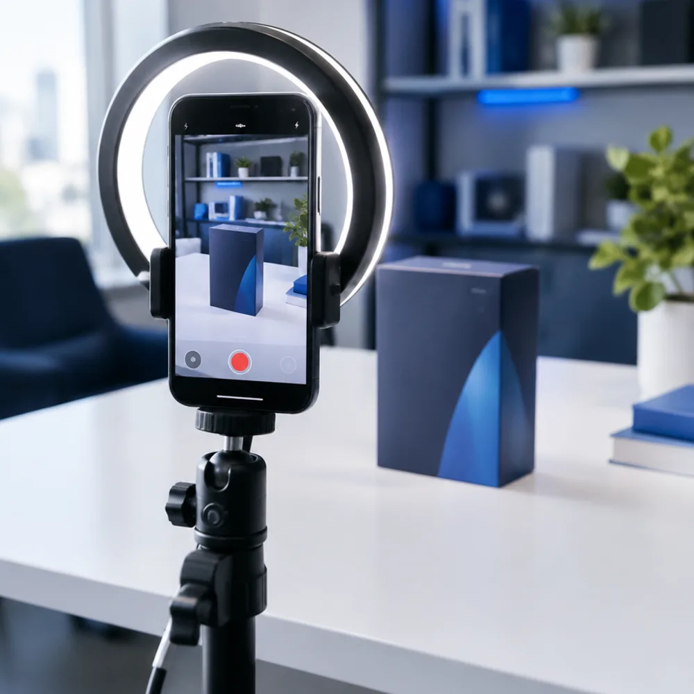 Telefon pe trepied cu ring light filmând conținut pentru TikTok Ads